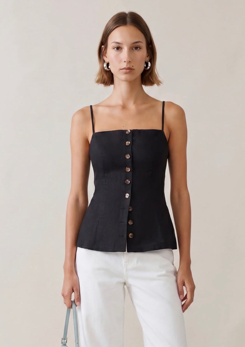 kourt Cecille Linen Top Black Button Front Camisole Size 2 NWT